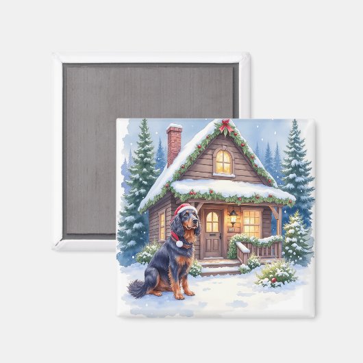 Aimant Gordon Setter Snowy Lodge Santa Hat Christmas Art (Recto/Verso)