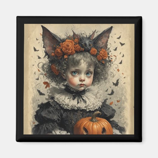 Aimant Gothic Victorian Girl Bat Ears & Pumpkin Halloween (Devant)