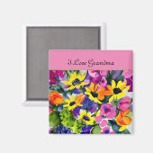 Aimant GRANDMA - J'aime grand-mère, fleurs d'aquarelle, (Recto/Verso)