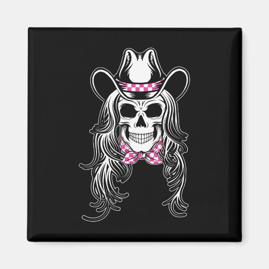 Aimant Graphique crâne femme Halloween cowgirl pink check (Devant)