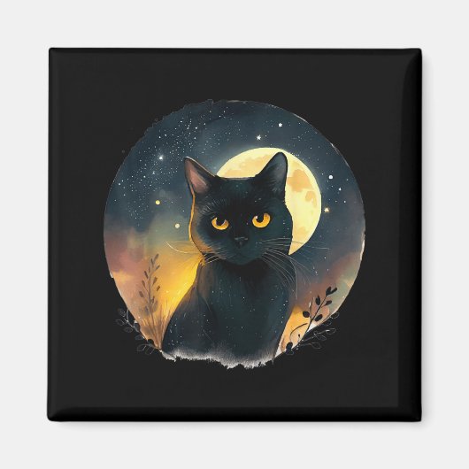 Aimant Graphisme d'art cool chat noir avec lune (Devant)