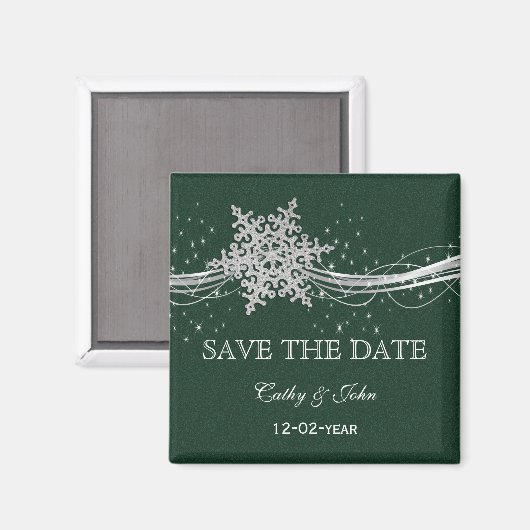 Aimant Green Silver Snowflakes Winter save Date (Recto/Verso)