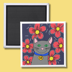 Aimant Grey cat with flowers personalise initial