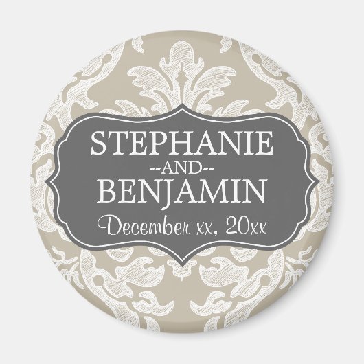 Aimant Gris & Linge Beige Damas motif mariage Favoriser (Devant)