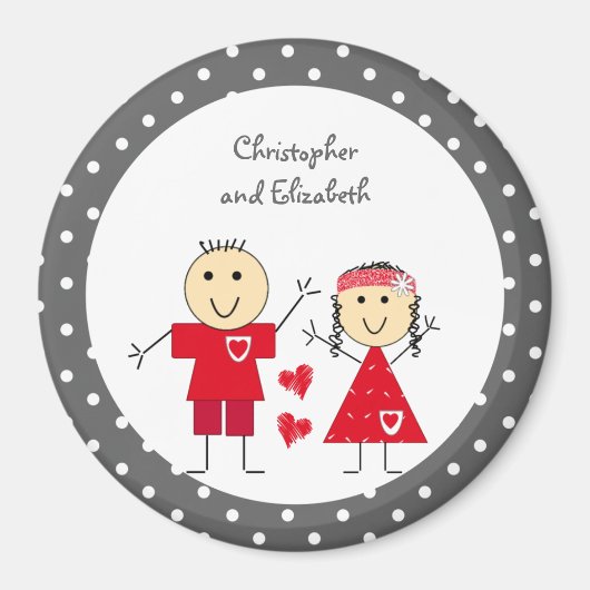 Aimant gris rouge avec des points, des figures et des nom (Devant)