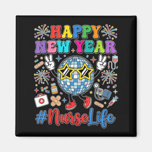 Aimant Groovy Happy New Year 2026 Nurse Life Disco Ball F (Devant)