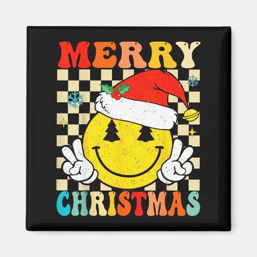 Aimant Groovy Merry Christmas Smile Face Santa Hat Xmas T (Devant)