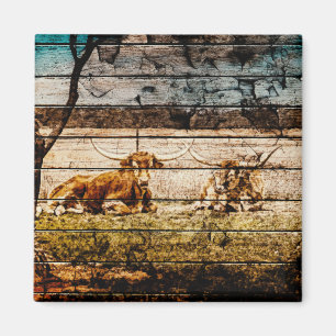 Aimant Groupe de Longhorns assis en terrain Distressed Wo