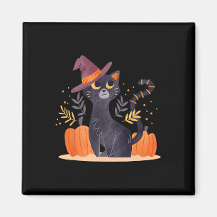 Aimant Halloween Chat Noir Sorcière Casquette Citrouille