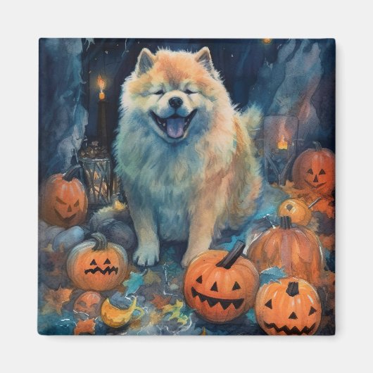 Aimant Halloween Chow Chow Avec La Peur Citrouille (Devant)