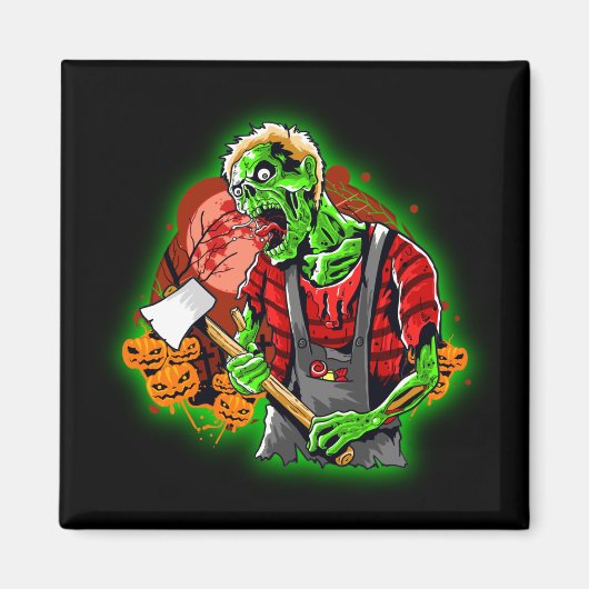Aimant Halloween Funny Green Zombie Ax sur l'aimant (Devant)