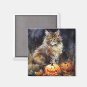Aimant Halloween Maine Coon Chat Avec Crainte Citrouille (Recto/Verso)