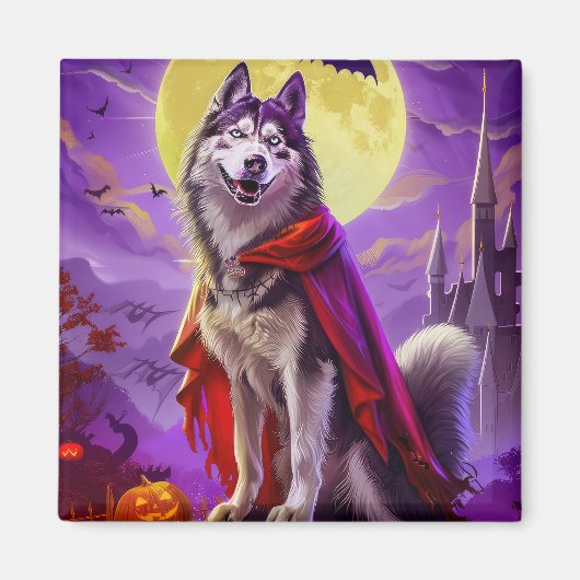 Aimant Halloween Malamute d'Alaska Vampire Citrouilles Ef (Devant)