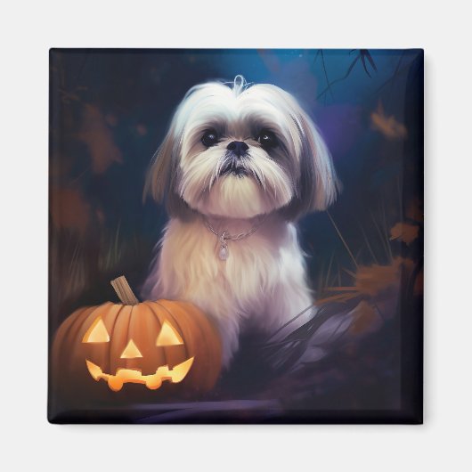 Aimant Halloween Shih Tzu Avec La Peur Citrouille (Devant)