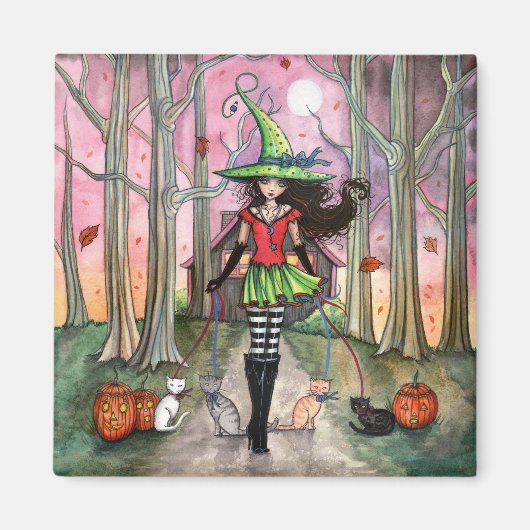 Aimant Halloween Sorcière et Chats (Devant)