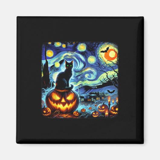 Aimant Halloween Van Gogh Starry Night Chat noir Citrouil (Devant)