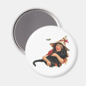 Aimant Halloween vintage, sorcière avec chat noir (Recto/Verso)