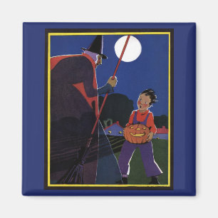Aimant Halloween vintage, sorcière effrayante avec garçon