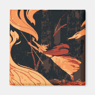 Aimant Halloween vintage, sorcière maléfique avec feu en