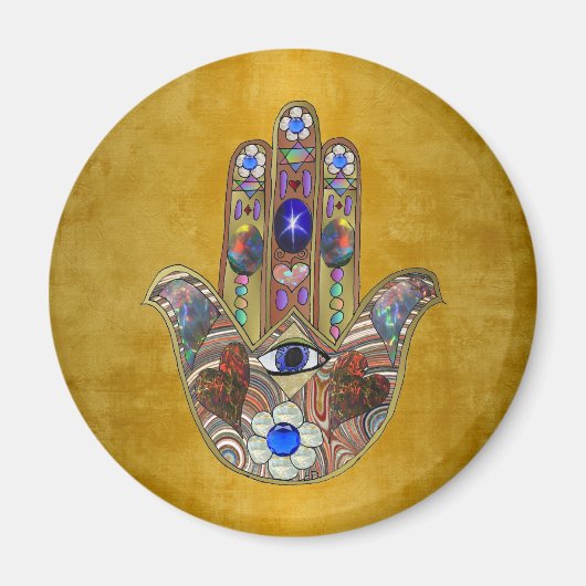 Aimant Hamsa Cœurs Fleurs Opale Art sur Or (Devant)