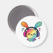 Aimant Happy Bunny avec écouteurs écoutant de la musique. (Recto/Verso)