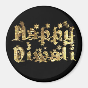 Aimant Happy Diwali Elegant Black Gold Star Typographie
