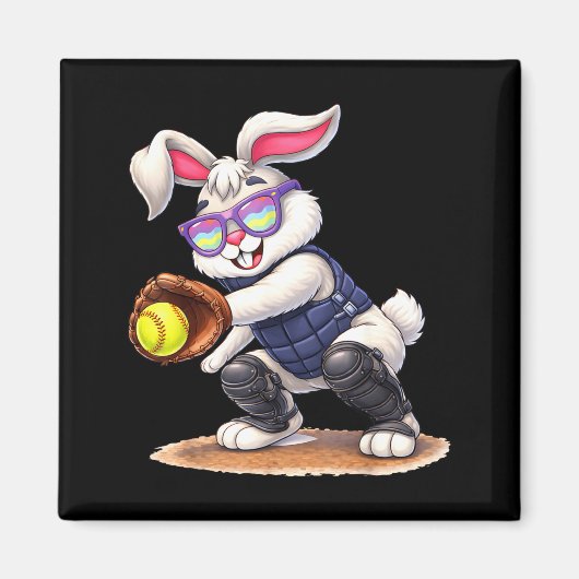 Aimant Happy easter holiday bunny playing softball (Devant)