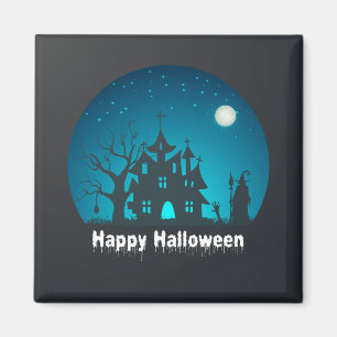 Aimant Happy Halloween Maison hantée bleue et noire