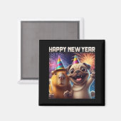 Aimant Happy New Year 2026 Capybara Pug Party Art  (Recto/Verso)