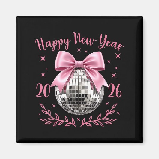 Aimant Happy New Year 2026 Coquette Nk Bow Disco Ball Wom (Devant)