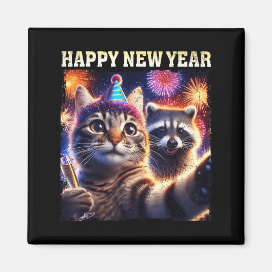 Aimant Happy New Year 2026 Cute Cat Raccoon Celebration  (Devant)