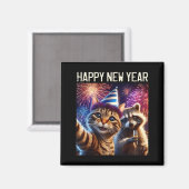 Aimant Happy New Year 2026 Cute Cat Raccoon Celebration (Recto/Verso)