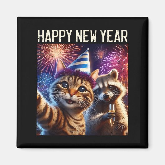 Aimant Happy New Year 2026 Cute Cat Raccoon Celebration (Devant)