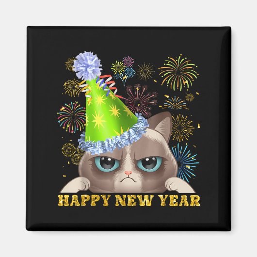 Aimant Happy New Year 2026 Funny Cat New Year's Eve Hat G (Devant)
