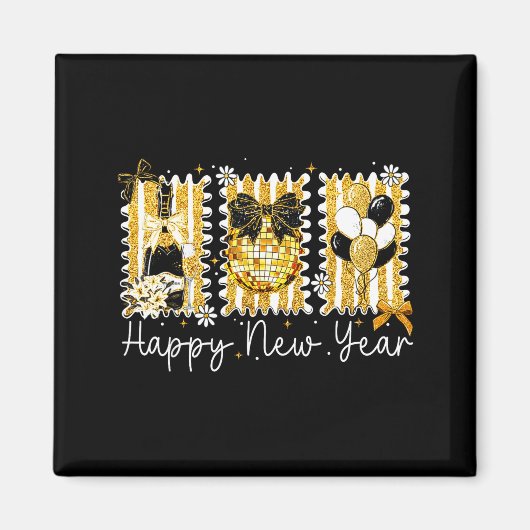 Aimant Happy New Year 2026 Gold Coquette Bow Disco Ball C (Devant)