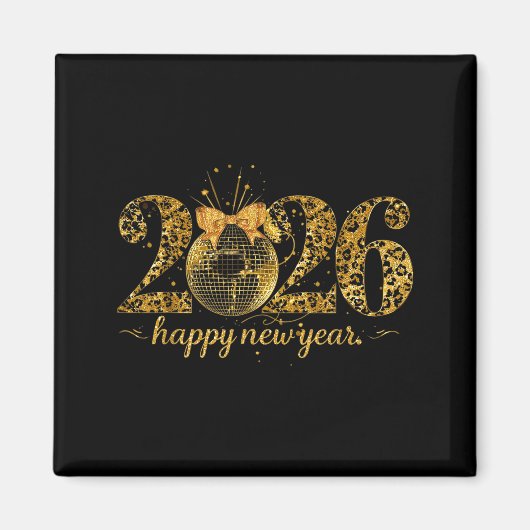 Aimant Happy New Year Cute Gold Disco Ball Bow New Year's (Devant)