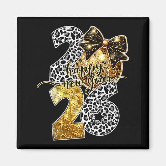 Aimant Happy New Year Cute Gold Disco Ball Bow New Year's (Devant)