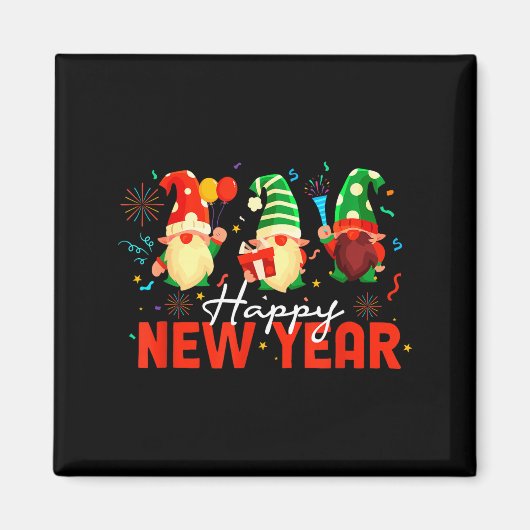 Aimant Happy New Year Three Gnomes Fireworks Confetti Nye (Devant)