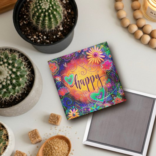 Aimant Happy ONE WORD Inspirivity Amusants Coeurs floraux