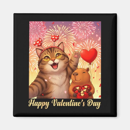 Aimant Happy Valentines 2026 Cute Cat Capybara Party Art (Devant)