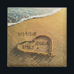 Aimant Heart in the Sand Tropical Beach<br><div class="desc">Un design personnalisé, unique, magnifique, avec un arrière - plan romantique d'été de plage tropicale île avec un coeur écrit, dessiné dans le sable le long de l'eau bleue de l'océan pour signifier l'amour et la romance. Personnalisez ce grand objet avec les noms des mariés et des mariés et la...</div>