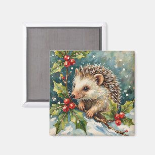 Aimant Hérisson Vintage Parmi les Feuilles de Houx Noël