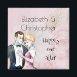 Aimant Heureusement Jamais Après Vintage Mariage Couple<br><div class="desc">Un mignon aimant au style rétro vintage, personnalisé avec votre(s) nom(s) et texte qui dit heureux toujours après. Illustration élégante posée sur un arrière - plan rose aux roses roses pâles. Un joli dessin de couple mariage dans une étreinte aimante peinte avec des aquarelles. Chic et classe, avec une touche...</div>