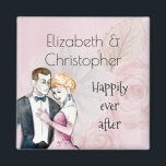 Aimant Heureusement Jamais Après Vintage Mariage Couple<br><div class="desc">Un mignon aimant au style rétro vintage, personnalisé avec votre(s) nom(s) et texte qui dit heureux toujours après. Illustration élégante posée sur un arrière - plan rose aux roses roses pâles. Un joli dessin de couple mariage dans une étreinte aimante peinte avec des aquarelles. Chic et classe, avec une touche...</div>