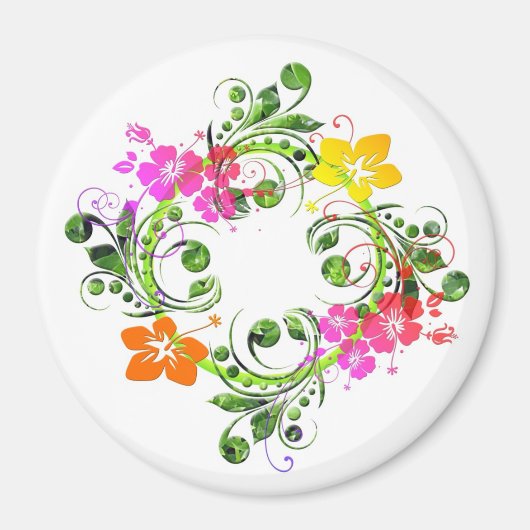 Aimant Hibiscus fleur tropicale couronne vert rose jaune (Devant)