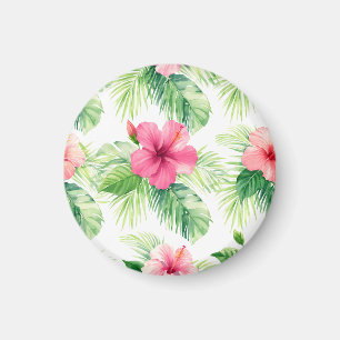 Aimant Hibiscus rose tropical palmier aquarelle