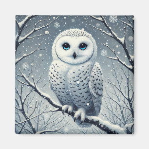 Aimant Hibou des neiges perché sur une branche enneigée