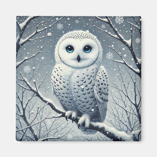 Aimant Hibou des neiges perché sur une branche enneigée (Devant)