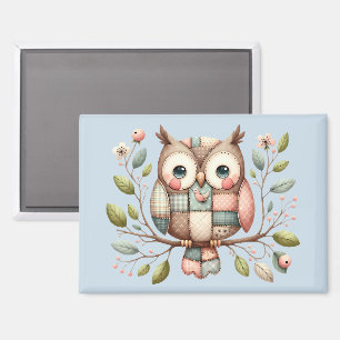 Aimant Hibou Patchwork dans une Forêt Fantaisiste
