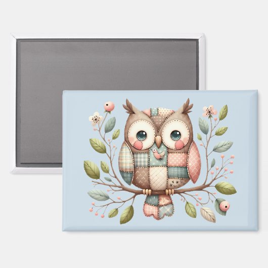 Aimant Hibou Patchwork dans une Forêt Fantaisiste (Recto/Verso)